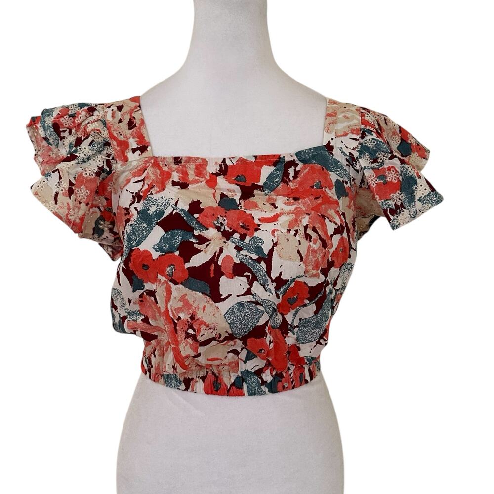Luna Moon Women Floral Short Ruffle Sleeves Crop Tie Back Blouse Size S NWT
